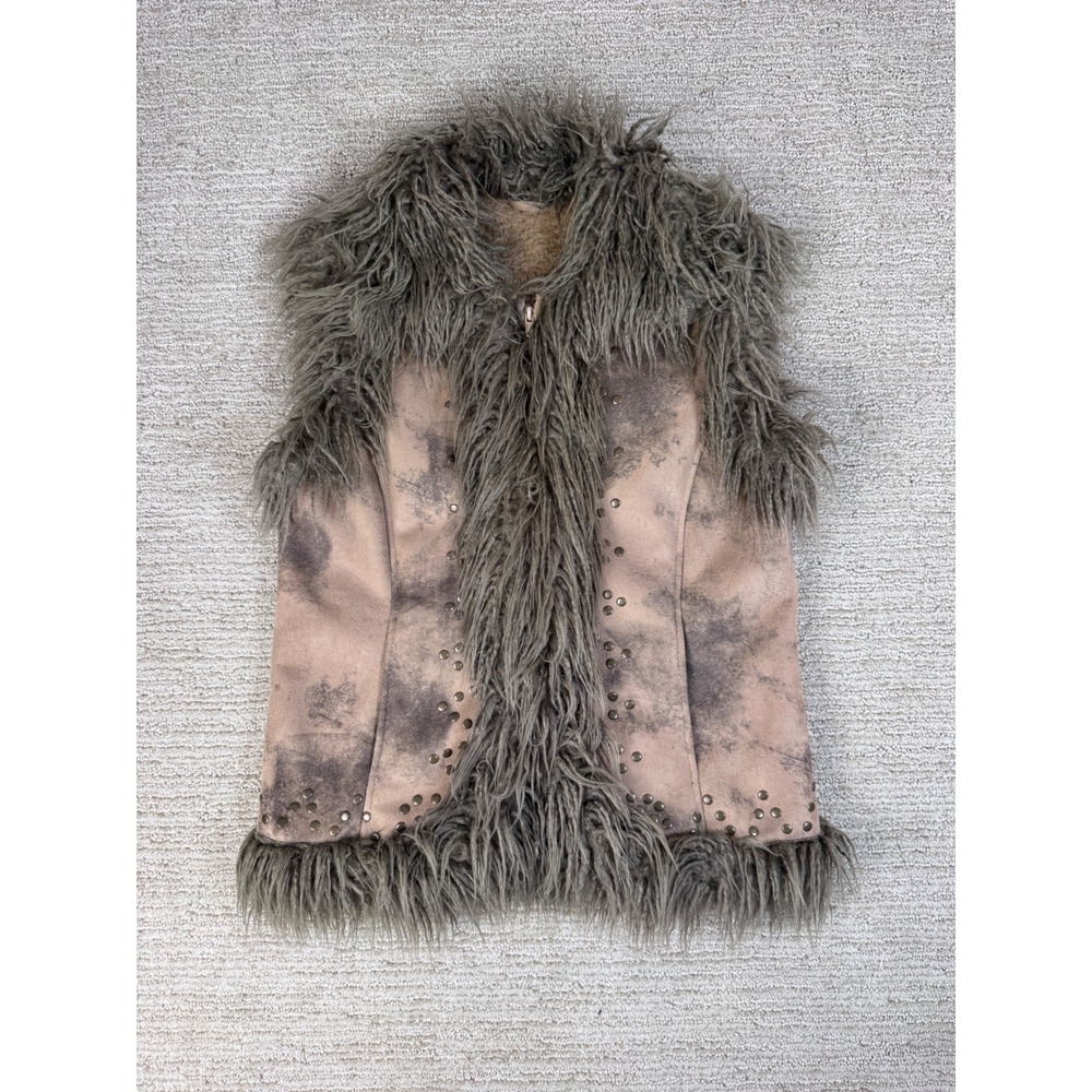 Montanaco Faux Shearling Vest XS Tan Gray Tie Dye Studded Shaggy Fur Trim Zip Up
